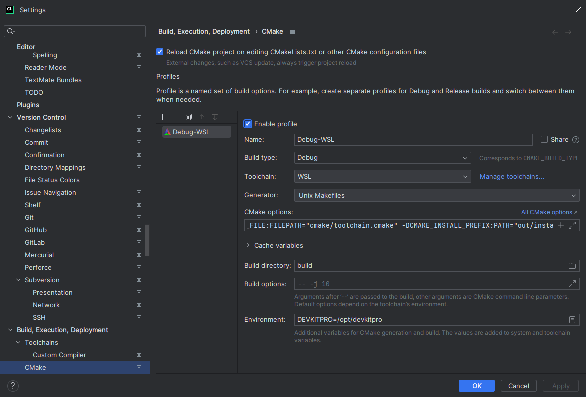 An image showing the CMake profile settings to use in CLion.