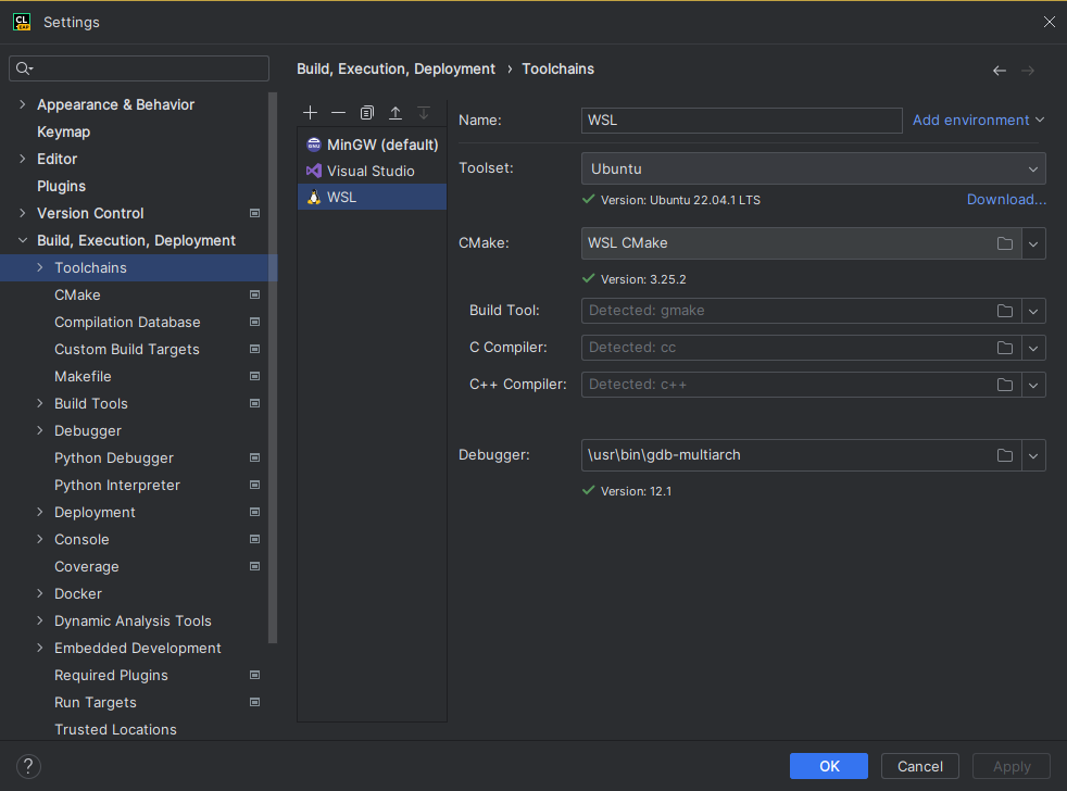 An image showing the toolchain settings to use in CLion.